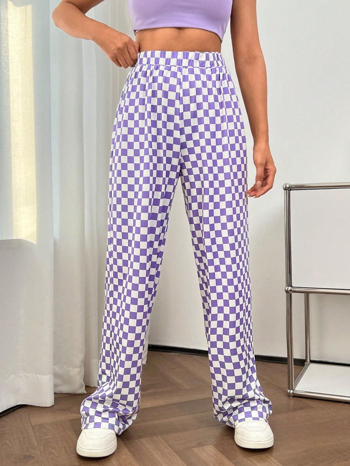 Women’s Lavender Checkered Wide Leg Pants | High Waist Casual Trousers | Trendy Street Style & Lounge Wear Bottoms