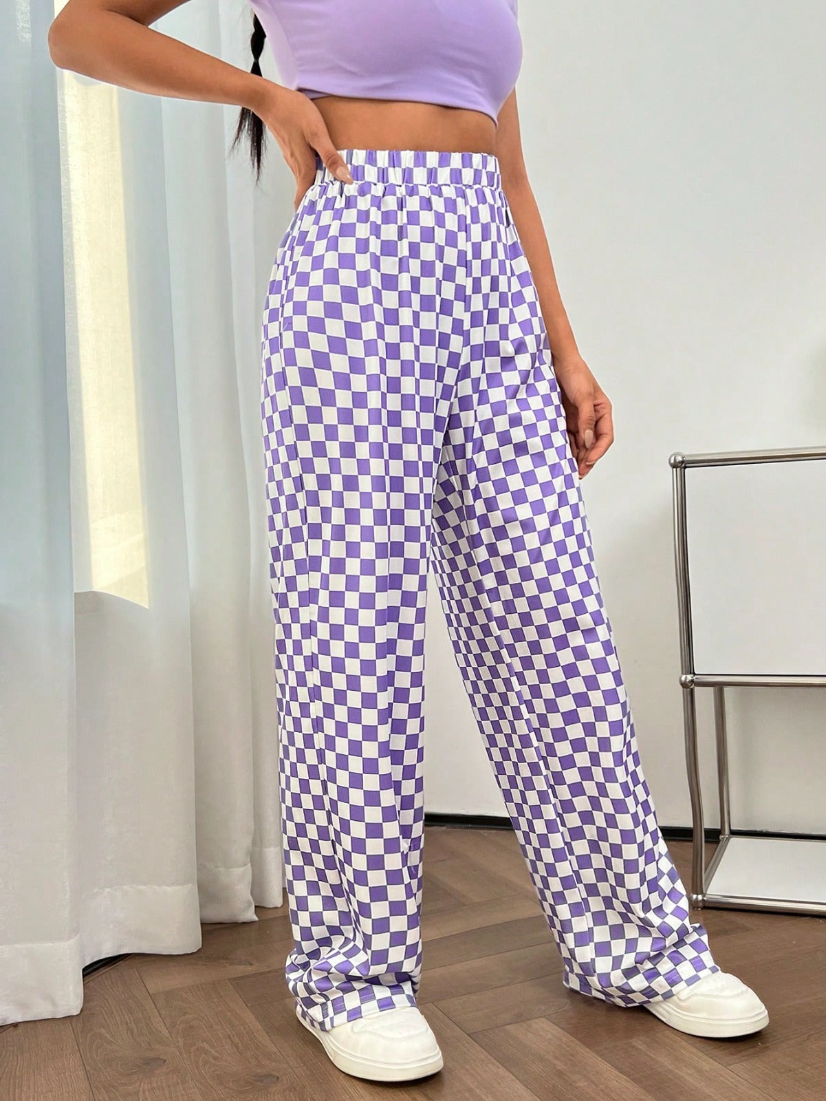 Women’s Lavender Checkered Wide Leg Pants | High Waist Casual Trousers | Trendy Street Style & Lounge Wear Bottoms