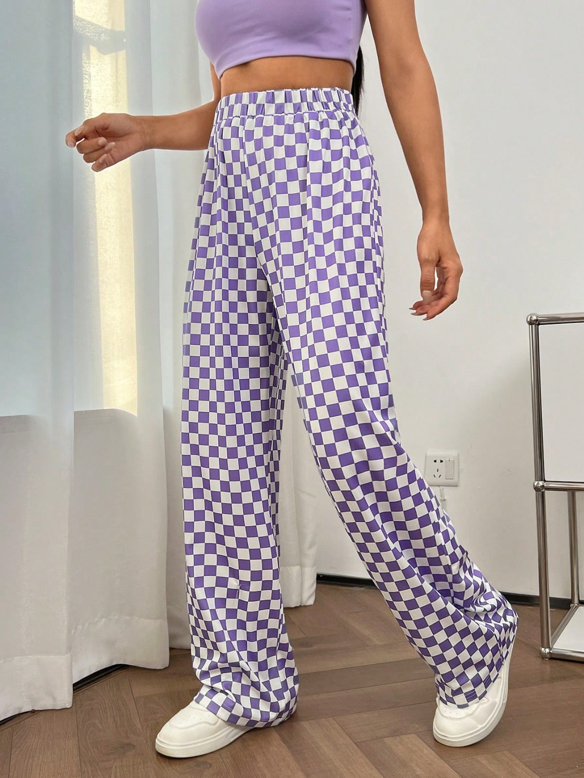 Women’s Lavender Checkered Wide Leg Pants | High Waist Casual Trousers | Trendy Street Style & Lounge Wear Bottoms