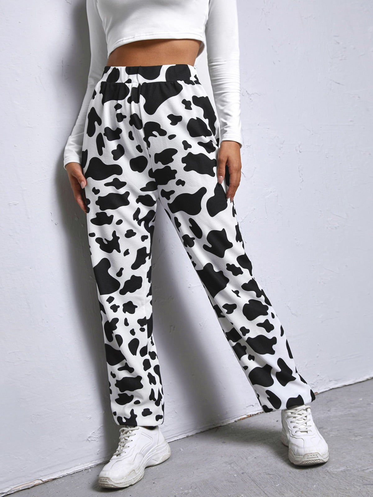 Women’s Black & White Cow Print Jogger Pants | High Waist Casual Trousers | Trendy Street Style & Lounge Wear Bottoms