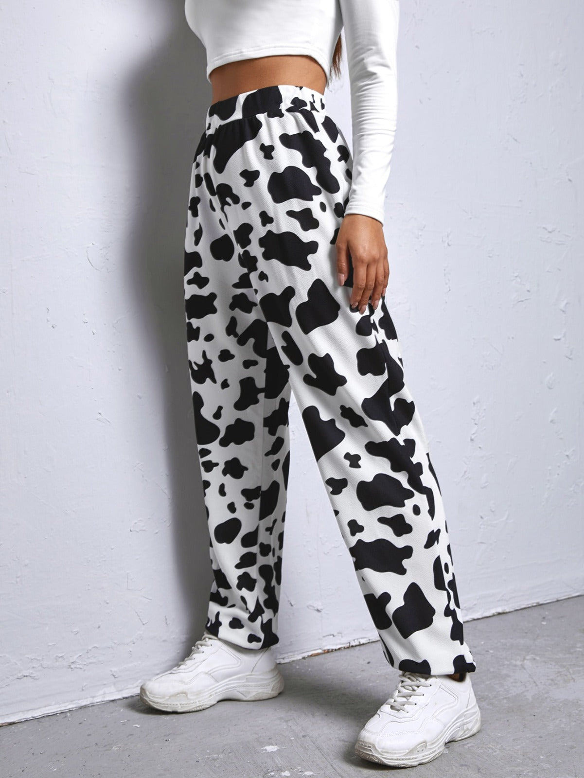 Women’s Black & White Cow Print Jogger Pants | High Waist Casual Trousers | Trendy Street Style & Lounge Wear Bottoms