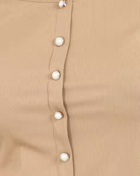 Women Solid Being Ribbed Cotton Top | Short Sleeve Button Front Slim Fit Casual T-Shirt