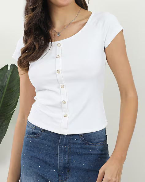 Women Solid White Ribbed Cotton Top | Short Sleeve Button Front Slim Fit Casual T-Shirt