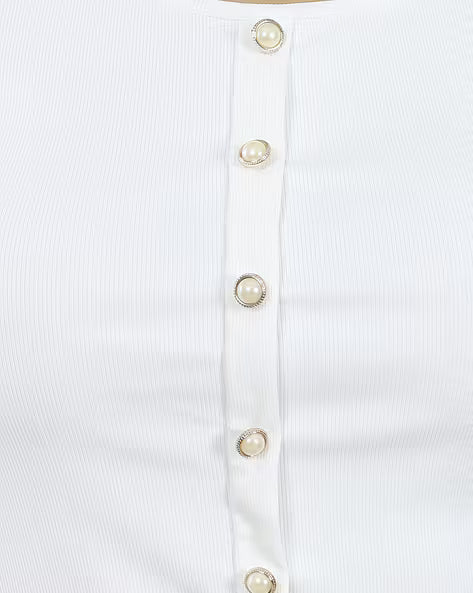 Women Solid White Ribbed Cotton Top | Short Sleeve Button Front Slim Fit Casual T-Shirt