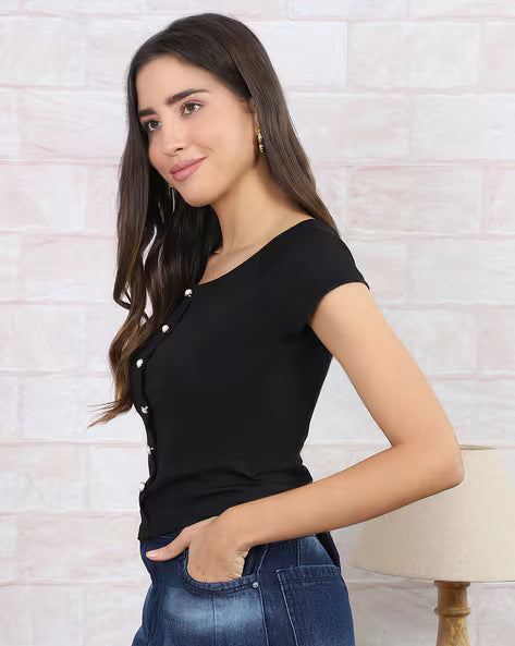 Women Solid Black Ribbed Cotton Top | Short Sleeve Button Front Slim Fit Casual T-Shirt